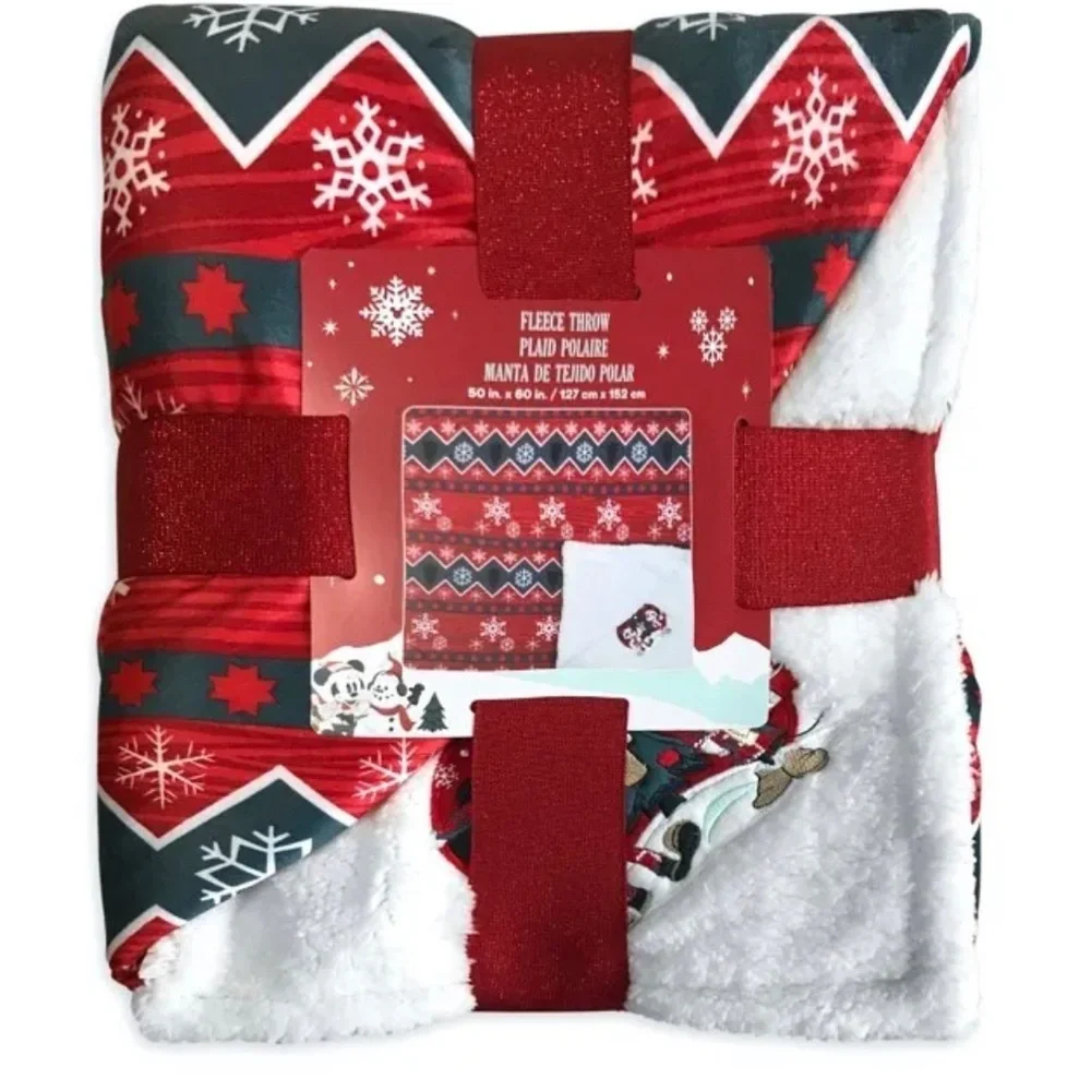 🌲Disney Store Mickey Minnie Holiday Fleece Blanket Reversible Throw 50 x 60 NEW